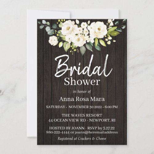  Watercolor White Rose  Rustic Bridal Shower Invitation