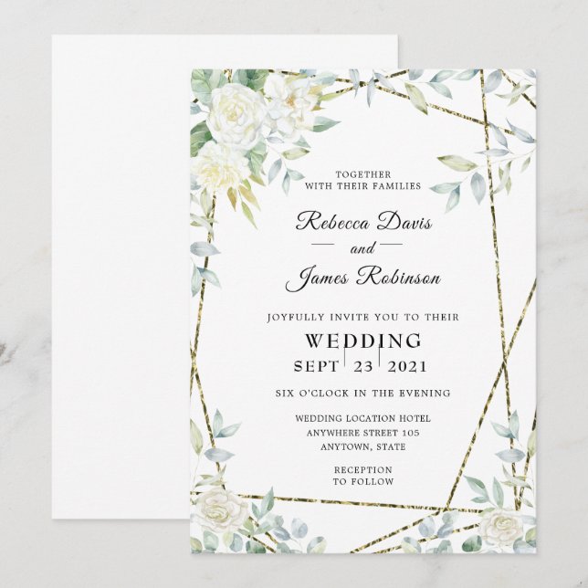 Watercolor White Roses and Greenery Wedding Invitation (Front/Back)