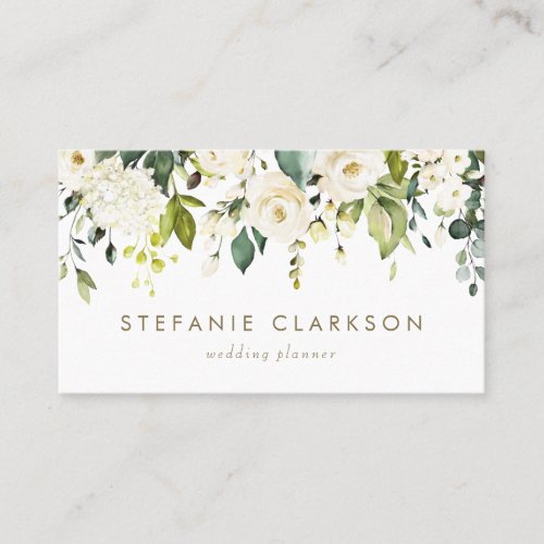 Watercolor White Roses and Hydrangeas Garland Business Card