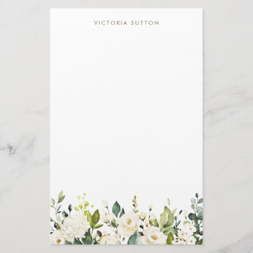 Watercolor White Roses and Hydrangeas Garland Stationery