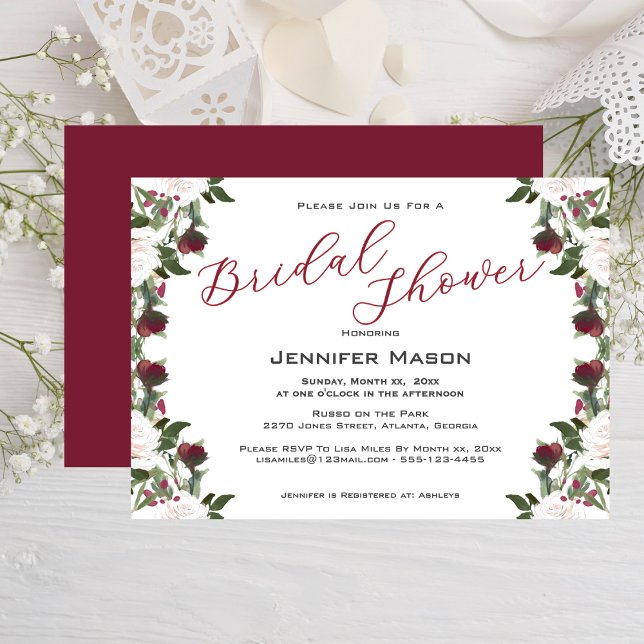 Watercolor White Roses Cranberry Bridal Shower  Invitation (Watercolor White Roses Cranberry Bridal Shower Invitation)
