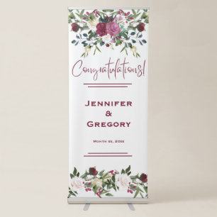 Watercolor White Roses Cranberry Wedding Reception Retractable Banner