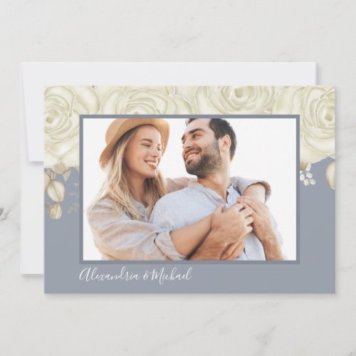 Watercolor White Roses Dusty Blue Elegant Save The Date