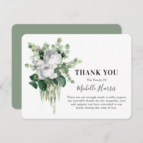 Watercolor White Roses  Eucalyptus Symapthy Thank You Card
