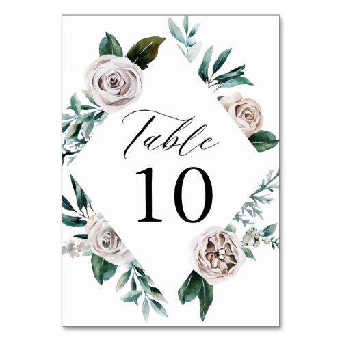 Watercolor White Roses Floral Frame Wedding Table Number