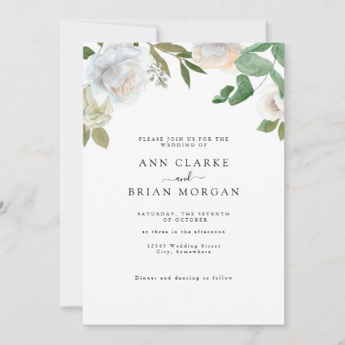 Watercolor White Roses flower blue floral wedding Invitation