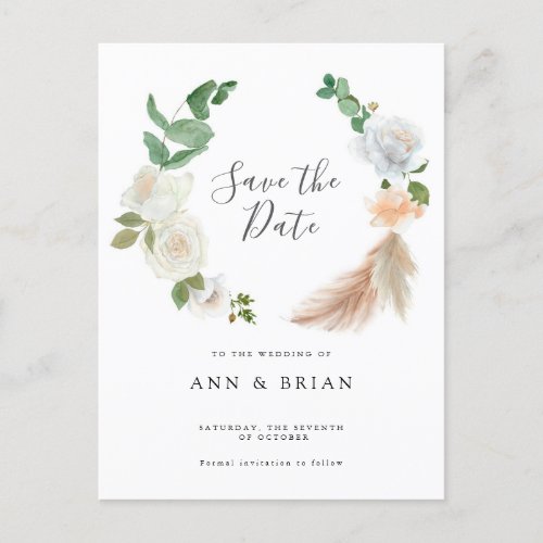 Watercolor White Roses flower floral Save the Date Postcard