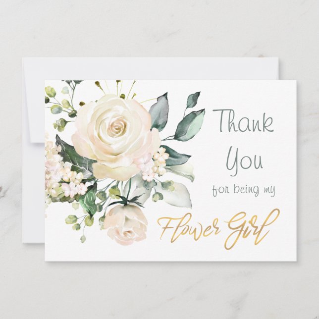 Watercolor white roses Flower Girl Thank You card (Front)
