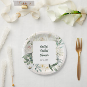 Watercolor White Roses Flower Panel Bridal Shower Paper Plates
