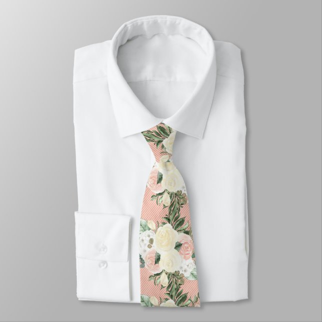 Watercolor White Roses Flowers On Pink Stripe Neck Tie (Tied)