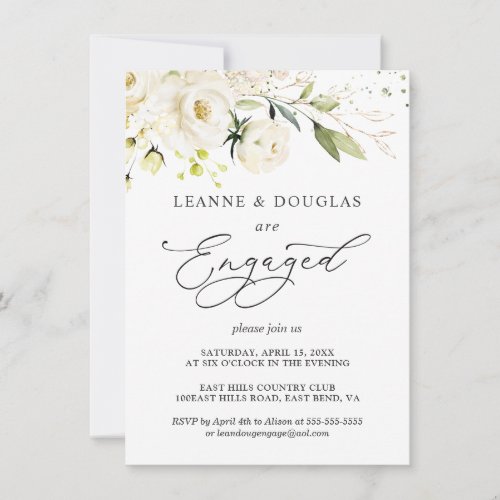 Watercolor White Roses Foliage Engagement Party Invitation