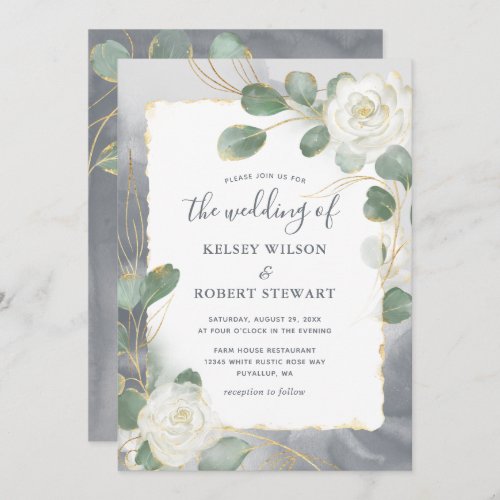 Watercolor White Roses Gray Gold Greenery Wedding Invitation