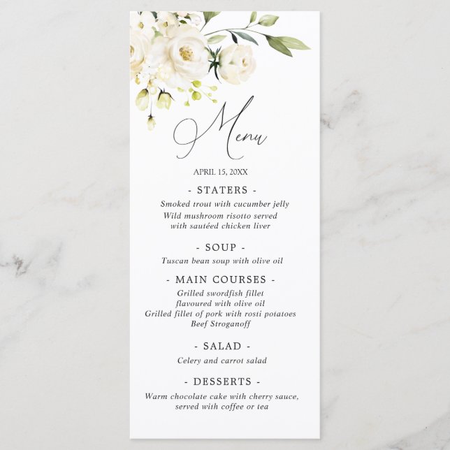 Watercolor White Roses  Greenery Wedding Menu (Front)