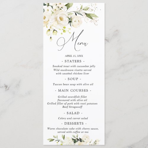 Watercolor White Roses  Greenery Wedding Menu