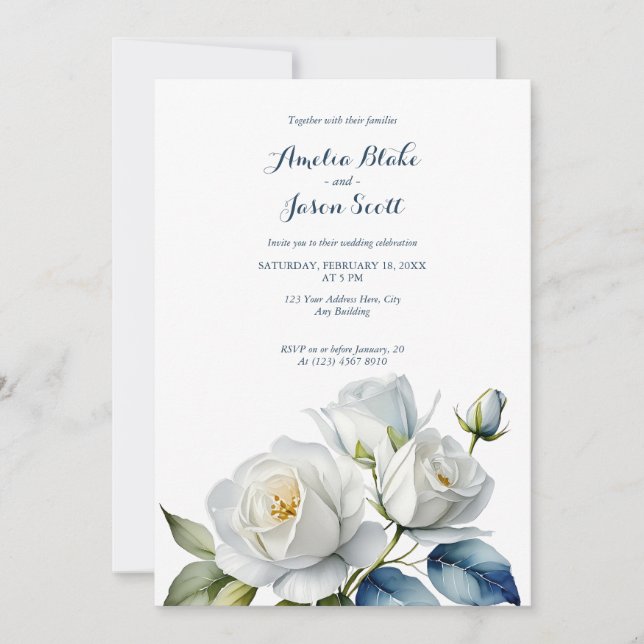 Watercolor White Roses on Clean White Wedding Invitation (Front)