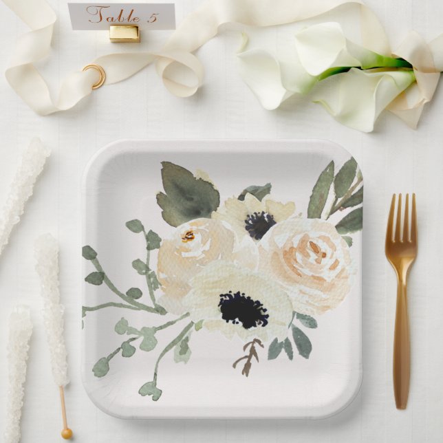 Watercolor White Roses Paper Plates (Wedding)