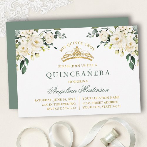 Watercolor White Roses Sage Green Gold Quinceanera