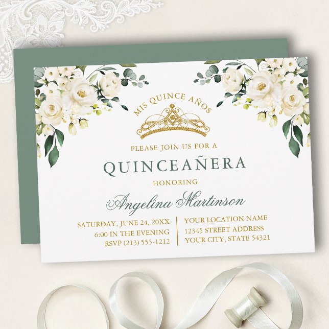 Watercolor White Roses Sage Green Gold Quinceanera Invitation (Customize to change text color, text style or color of back of card.)