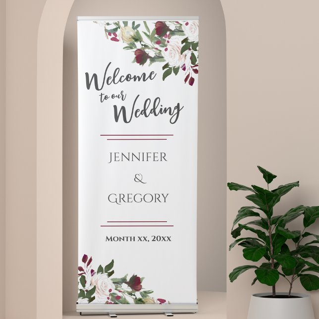 Watercolor White Roses Wedding Banner  (Watercolor White Roses Wedding Welcome Retractable Banner)
