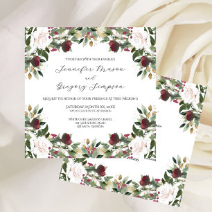 Watercolor White Roses with Cranberry Floral Invitation