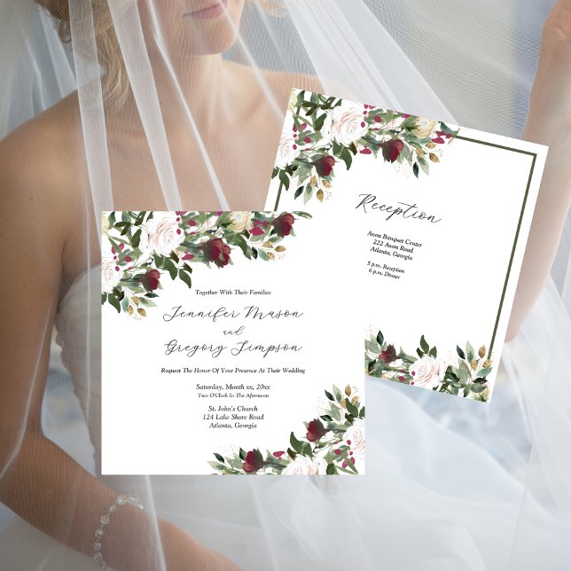 Watercolor White Roses With Cranberry Flowers Invitation (Watercolor White Roses With Cranberry Flowers Invitation)