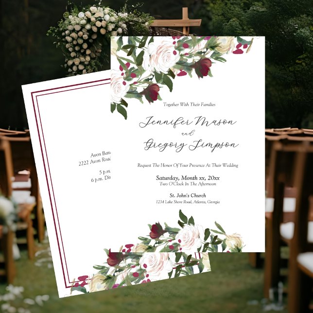 Watercolor White Roses with Cranberry Wedding Invitation (Watercolor White Roses With Cranberry Floral Wedding Invitation)
