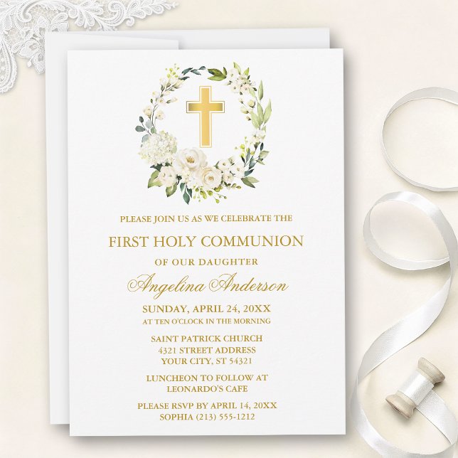 Watercolor White Roses Wreath Gold Communion Invitation (Customize to change text size, text style or color.)
