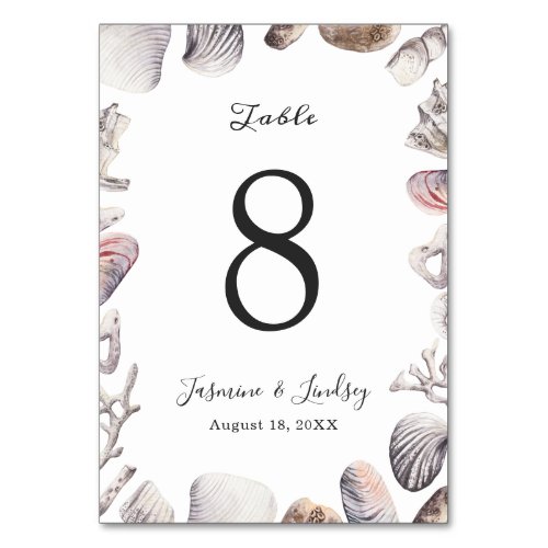 Watercolor White Sea Shell and Coral Wedding Table Number