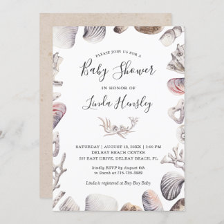 Watercolor White Sea Shell Beach Baby Shower Invitation