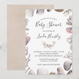 Watercolor White Seashell Beach Baby Shower Invitation