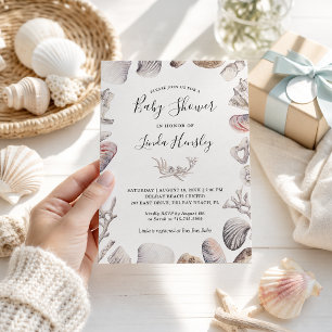 Watercolor White Seashell Beach Baby Shower Invitation