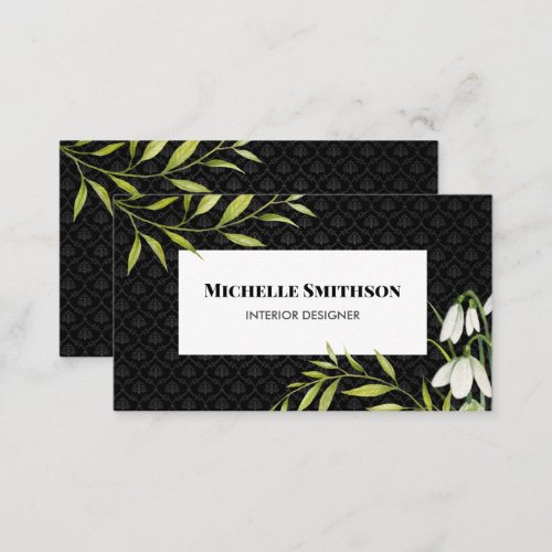 Watercolor White Snowdrops and Laurel Damask Business Card