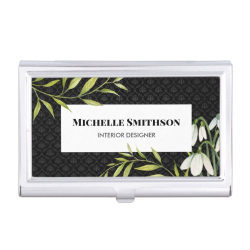 Watercolor White Snowdrops and Laurel Damask Business Card Case