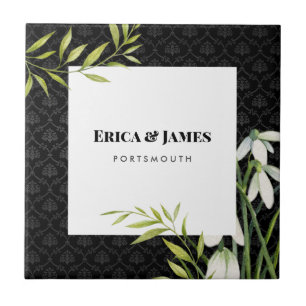 Watercolor White Snowdrops and Laurel Damask Ceramic Tile