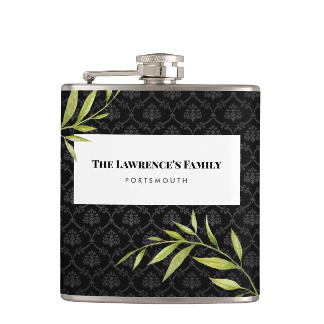 Watercolor White Snowdrops and Laurel Damask Flask (Front)