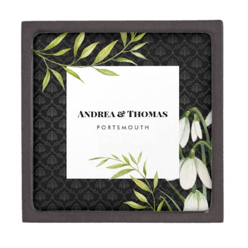 Watercolor White Snowdrops and Laurel Damask Gift Box