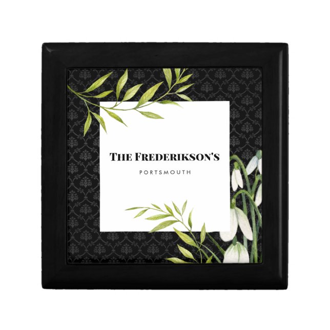 Watercolor White Snowdrops and Laurel Damask Gift Box (Front)