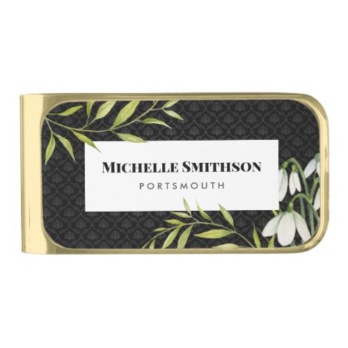 Watercolor White Snowdrops and Laurel Damask Gold Finish Money Clip