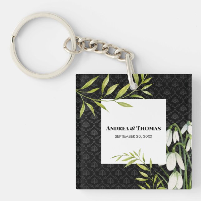 Watercolor White Snowdrops and Laurel Damask Keychain (Front)