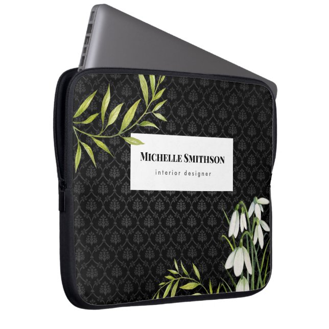 Watercolor White Snowdrops and Laurel Damask Laptop Sleeve (Front Right)