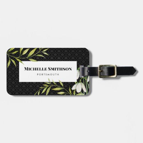 Watercolor White Snowdrops and Laurel Damask Luggage Tag