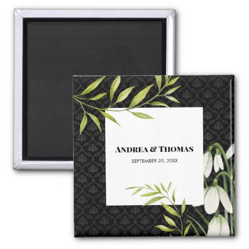 Watercolor White Snowdrops and Laurel Damask Magnet