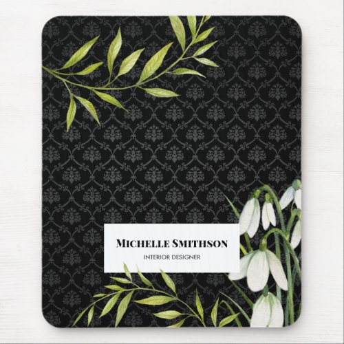 Watercolor White Snowdrops and Laurel Damask Mouse Pad