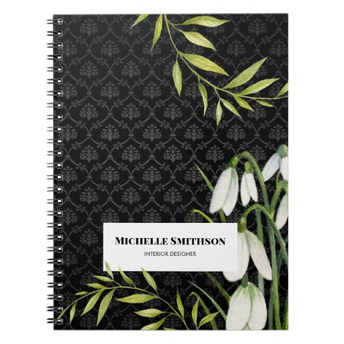 Watercolor White Snowdrops and Laurel Damask Notebook