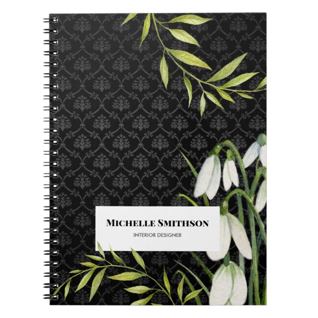 Watercolor White Snowdrops and Laurel Damask Notebook (Front)