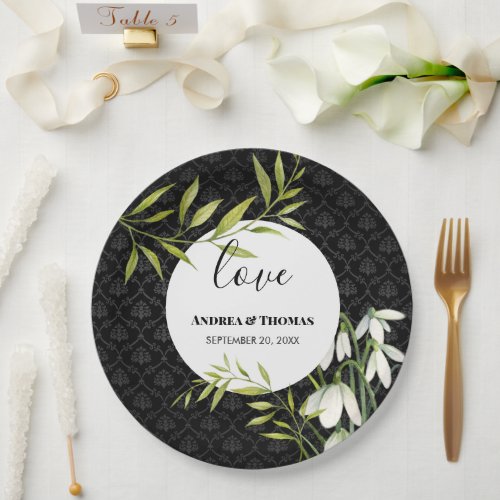 Watercolor White Snowdrops and Laurel Damask Paper Plates