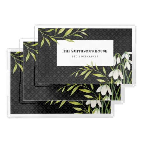 Watercolor White Snowdrops and Laurel Damask Servi Acrylic Tray
