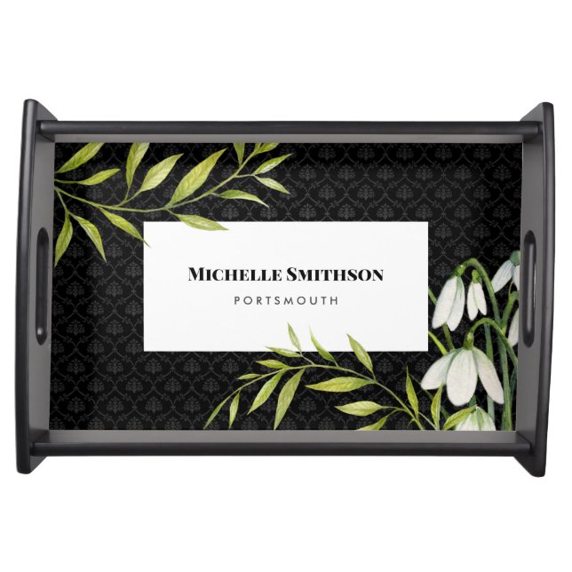 Watercolor White Snowdrops and Laurel Damask Serving Tray (Front)