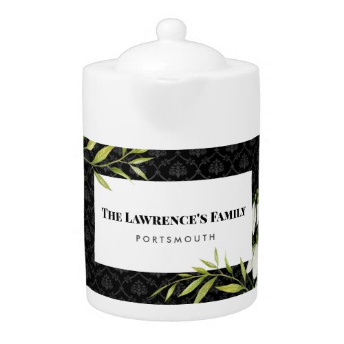 Watercolor White Snowdrops and Laurel Damask Teapot