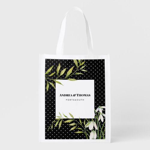 Watercolor White Snowdrops and Laurel Polka Dots Grocery Bag
